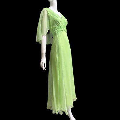 MISS ELLIETTE, vintage 1970s evening dress gown, minty pistachio green poly chiffon dress