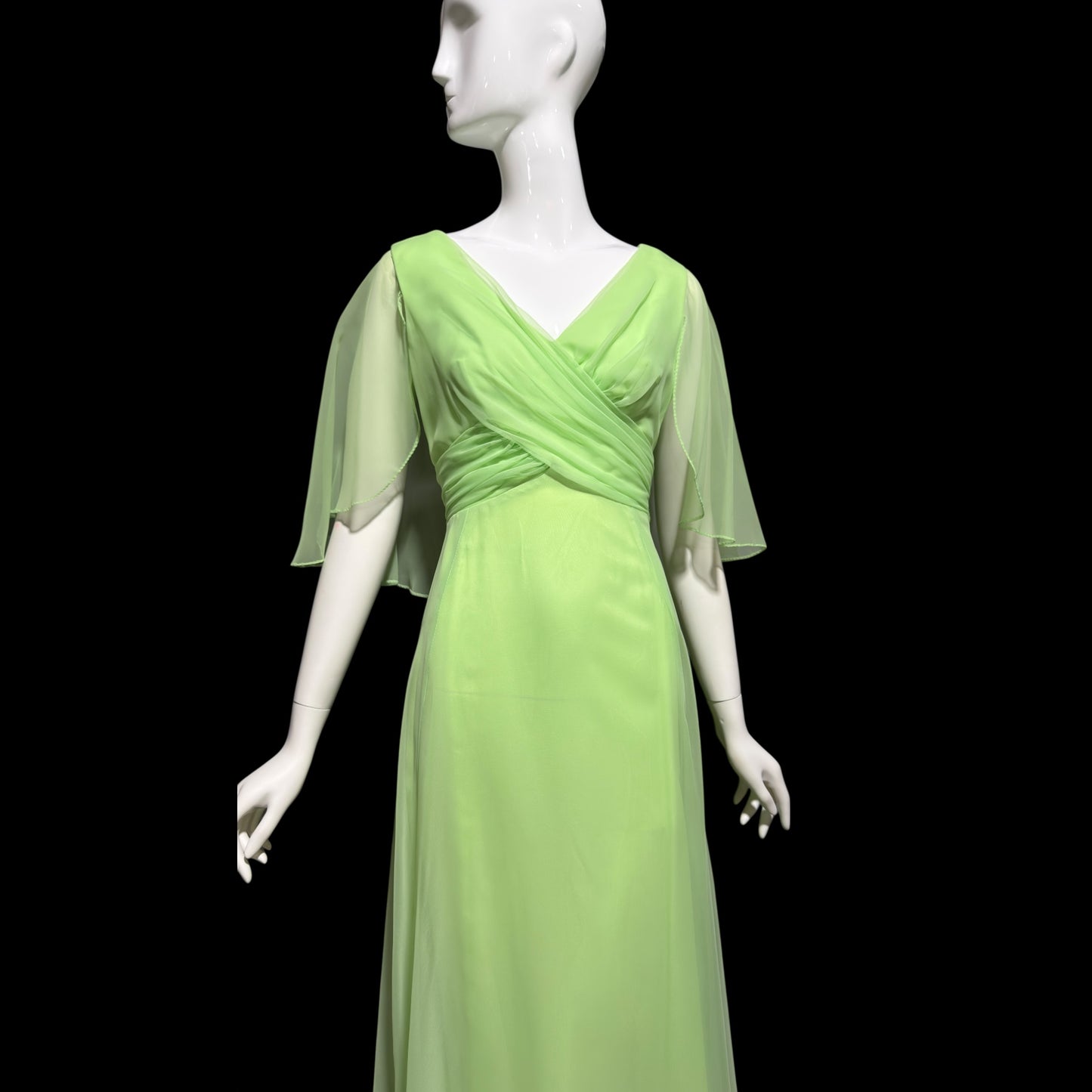 MISS ELLIETTE, vintage 1970s evening dress gown, minty pistachio green poly chiffon dress