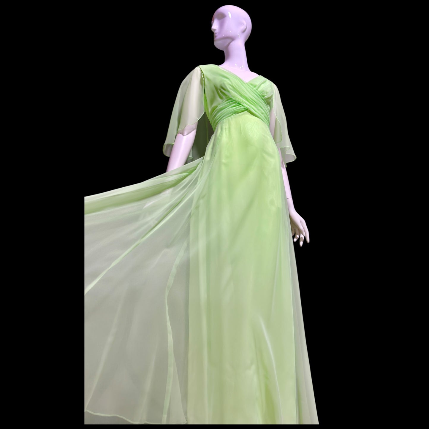 MISS ELLIETTE, vintage 1970s evening dress gown, minty pistachio green poly chiffon dress