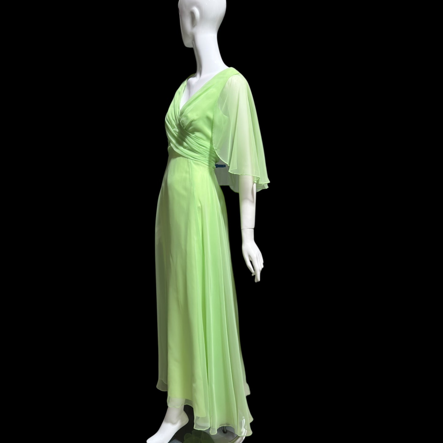 MISS ELLIETTE, vintage 1970s evening dress gown, minty pistachio green poly chiffon dress