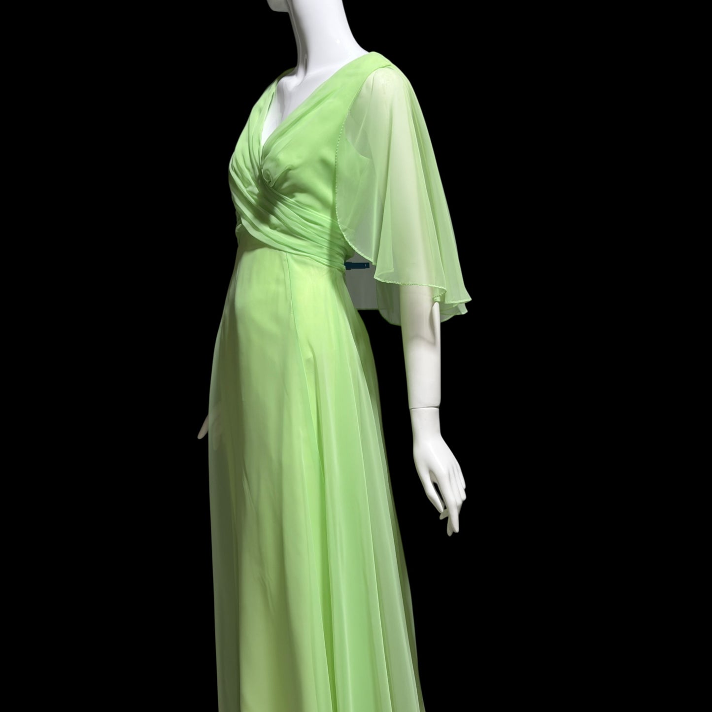MISS ELLIETTE, vintage 1970s evening dress gown, minty pistachio green poly chiffon dress