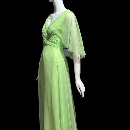 MISS ELLIETTE, vintage 1970s evening dress gown, minty pistachio green poly chiffon dress