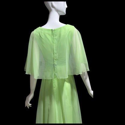 MISS ELLIETTE, vintage 1970s evening dress gown, minty pistachio green poly chiffon dress