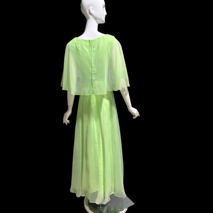 MISS ELLIETTE, vintage 1970s evening dress gown, minty pistachio green poly chiffon dress