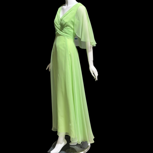 MISS ELLIETTE, vintage 1970s evening dress gown, minty pistachio green poly chiffon dress