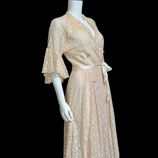 FLOBERT Vintage 1940s dressing gown robe, dusty pink sheer nylon lace wrap front full sweep housecoat hostess dress