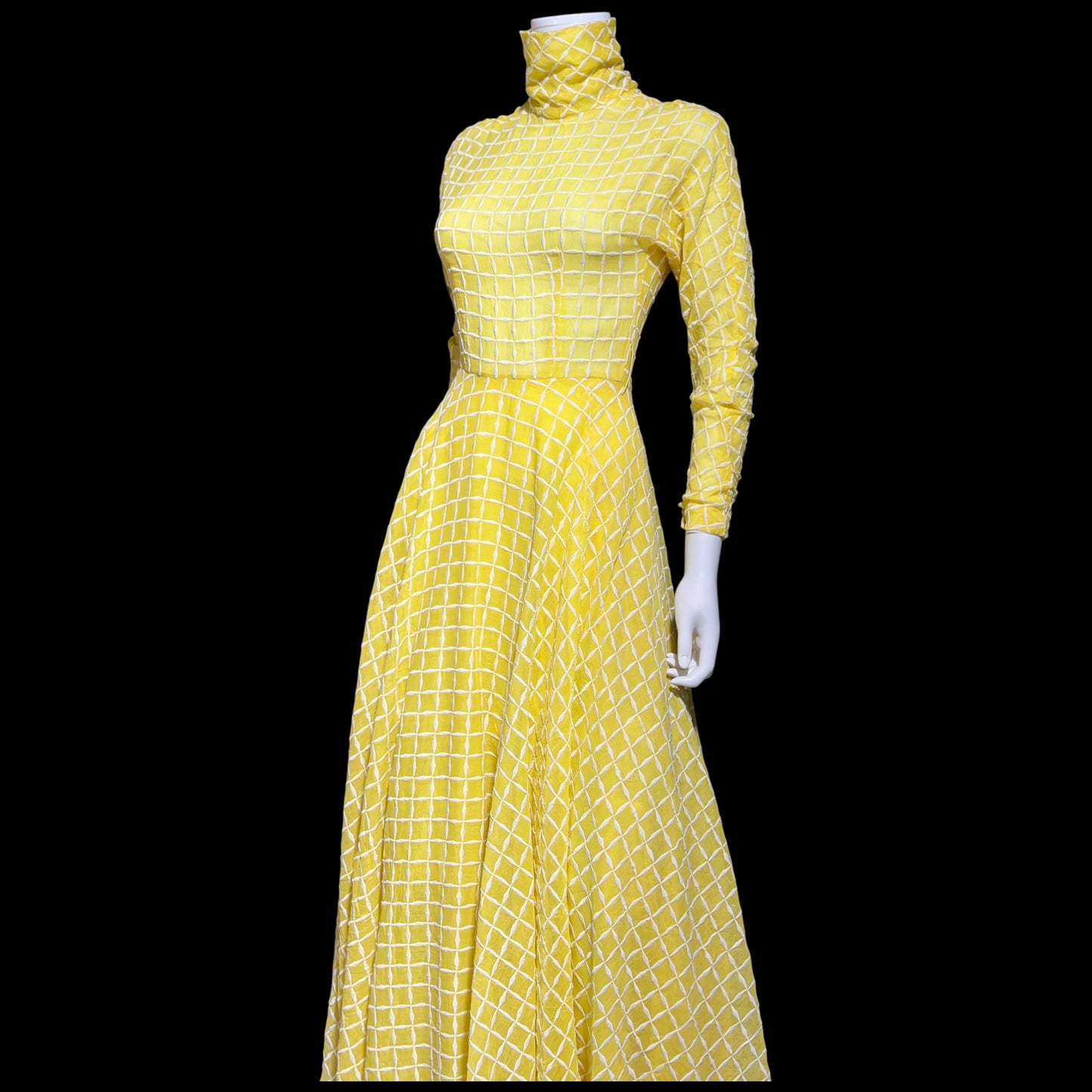 LILLIE RUBIN vintage 1970s evening dress gown, lemon yellow windowpane plaid ball gown
