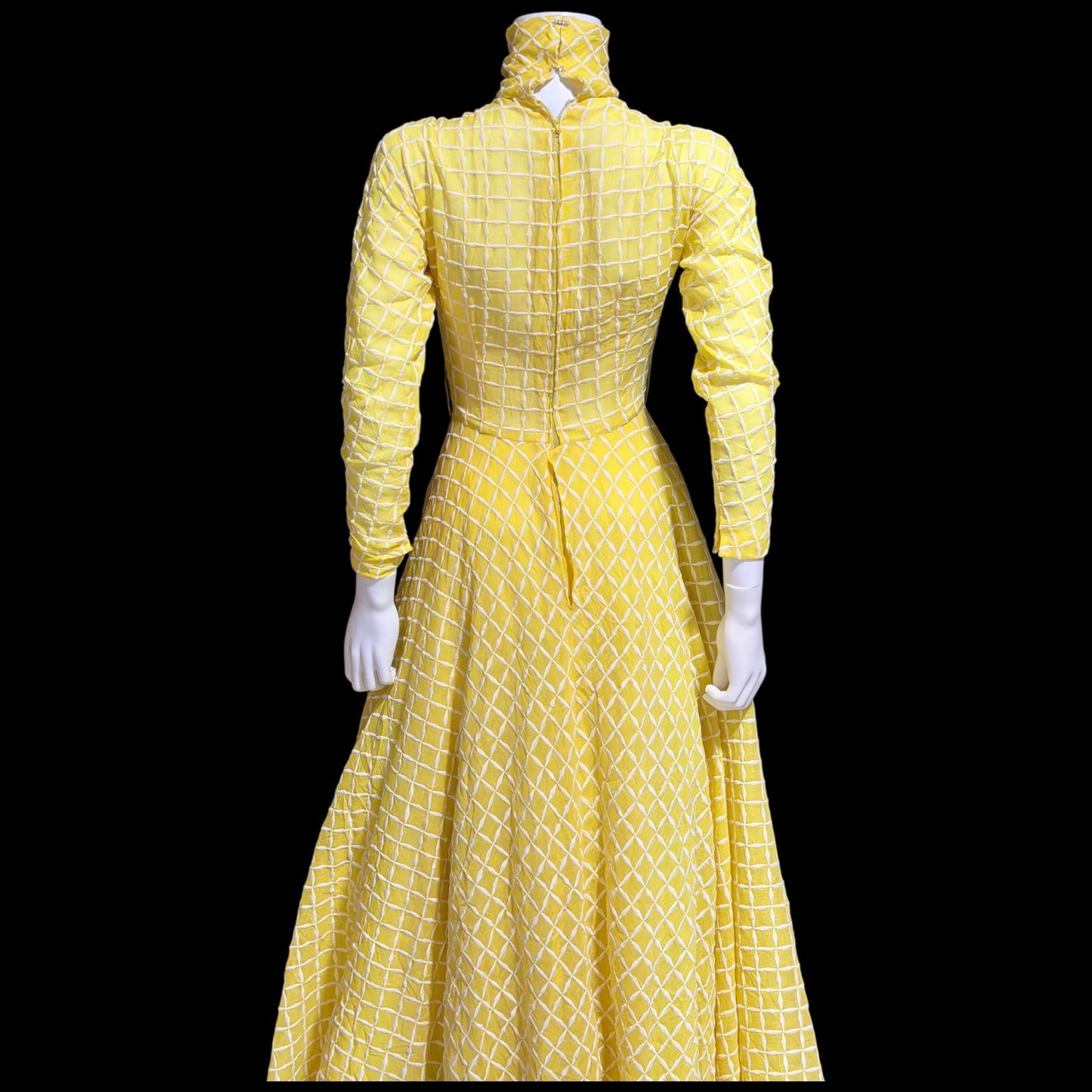 LILLIE RUBIN vintage 1970s evening dress gown, lemon yellow windowpane plaid ball gown