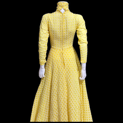 LILLIE RUBIN vintage 1970s evening dress gown, lemon yellow windowpane plaid ball gown