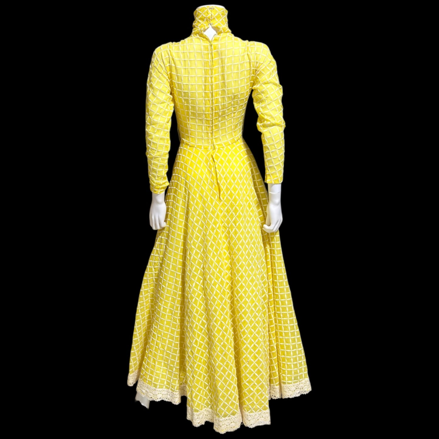 LILLIE RUBIN vintage 1970s evening dress gown, lemon yellow windowpane plaid ball gown