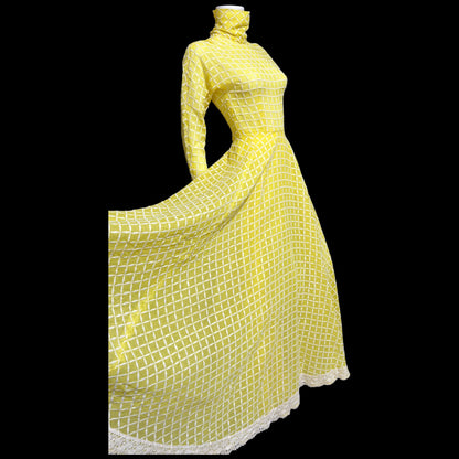LILLIE RUBIN vintage 1970s evening dress gown, lemon yellow windowpane plaid ball gown