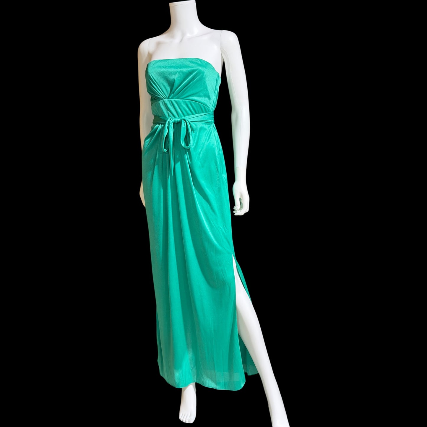 ESTEVEZ evening dress, vintage 1970s teal green jersey knit gown, Studio 54 cocktail disco party dress