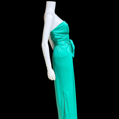 ESTEVEZ evening dress, vintage 1970s teal green jersey knit gown, Studio 54 cocktail disco party dress
