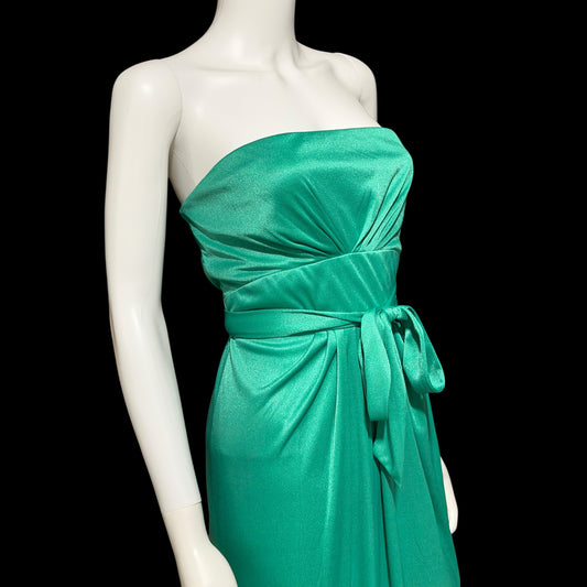 ESTEVEZ evening dress, vintage 1970s teal green jersey knit gown, Studio 54 cocktail disco party dress