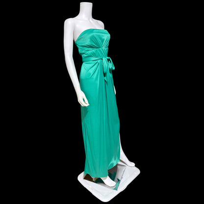 ESTEVEZ evening dress, vintage 1970s teal green jersey knit gown, Studio 54 cocktail disco party dress