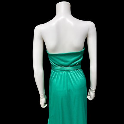 ESTEVEZ evening dress, vintage 1970s teal green jersey knit gown, Studio 54 cocktail disco party dress