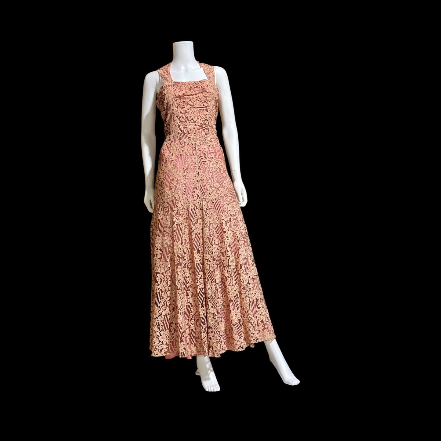 1930s vintage evening dress, Dusty pink lace sheath gown, fully lined