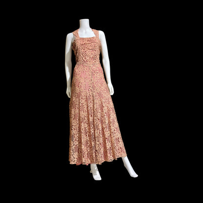 1930s vintage evening dress, Dusty pink lace sheath gown, fully lined