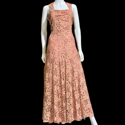 1930s vintage evening dress, Dusty pink lace sheath gown, fully lined