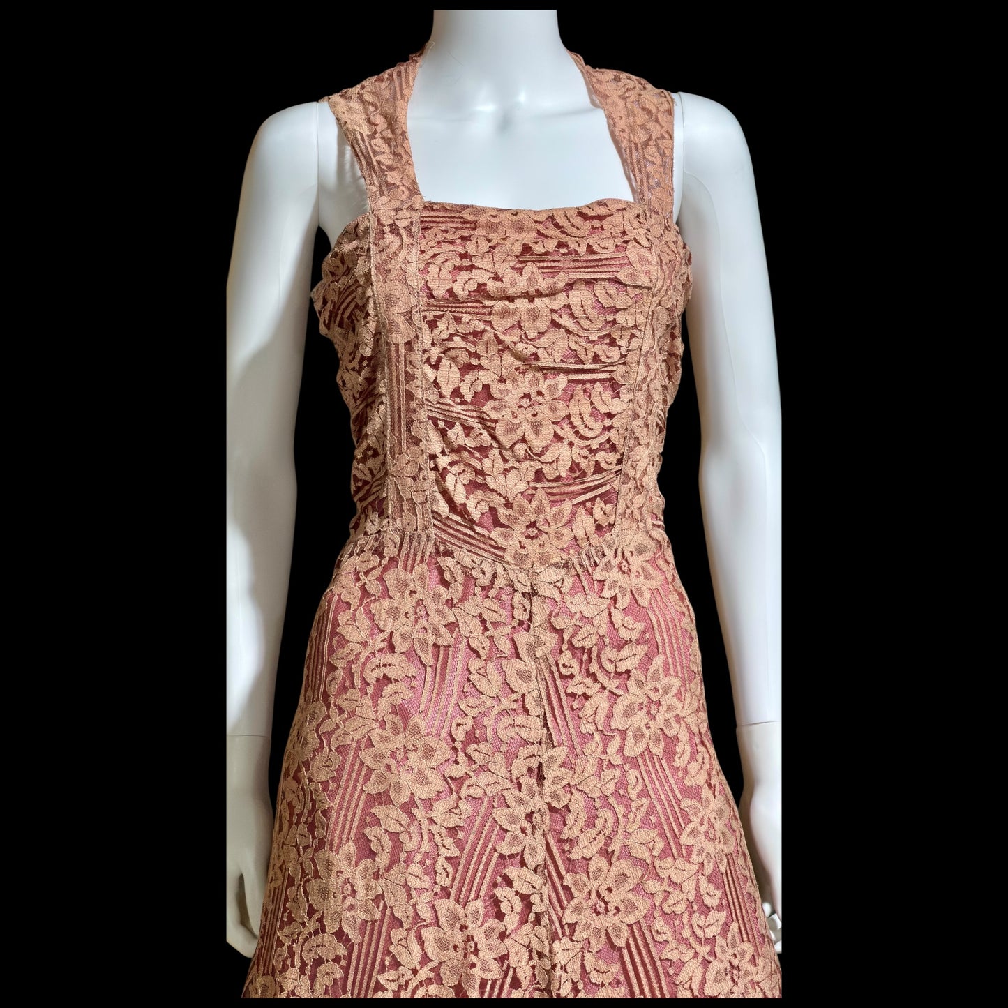 1930s vintage evening dress, Dusty pink lace sheath gown, fully lined