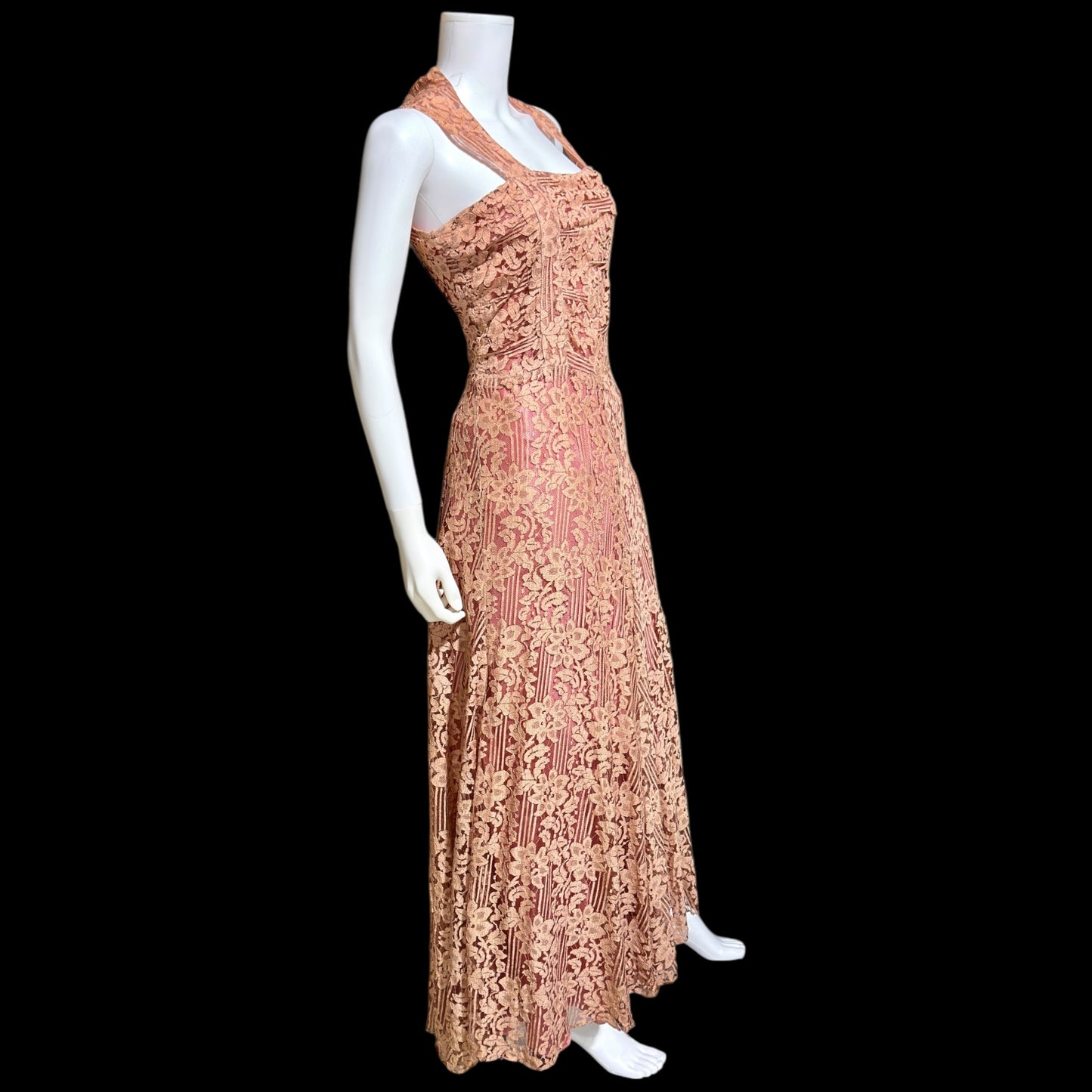 1930s vintage evening dress, Dusty pink lace sheath gown, fully lined