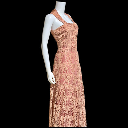 1930s vintage evening dress, Dusty pink lace sheath gown, fully lined