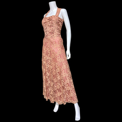 1930s vintage evening dress, Dusty pink lace sheath gown, fully lined