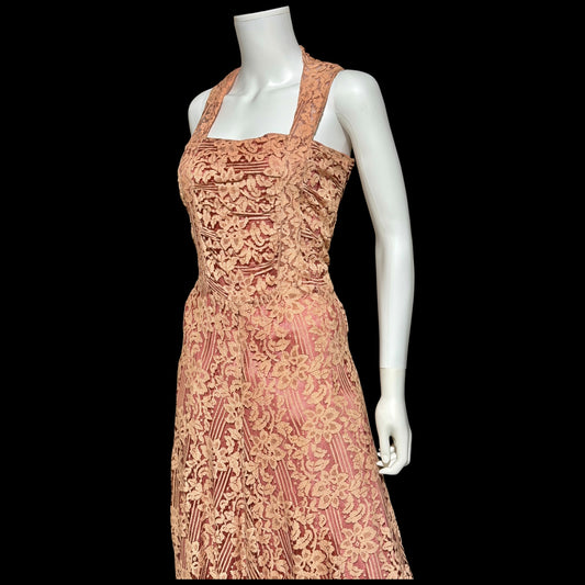 1930s vintage evening dress, Dusty pink lace sheath gown, fully lined