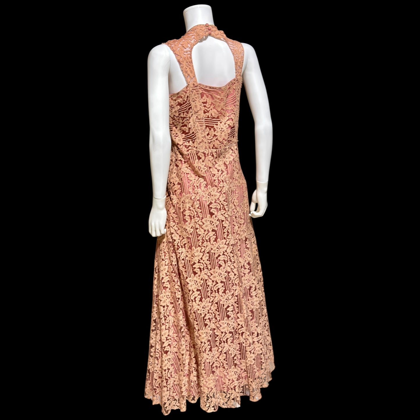 1930s vintage evening dress, Dusty pink lace sheath gown, fully lined