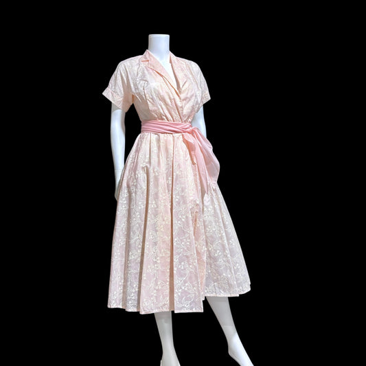 SAKS FIFTH AVENUE vintage 1950s dressing gown house dress, pink flocked floral wrap dress