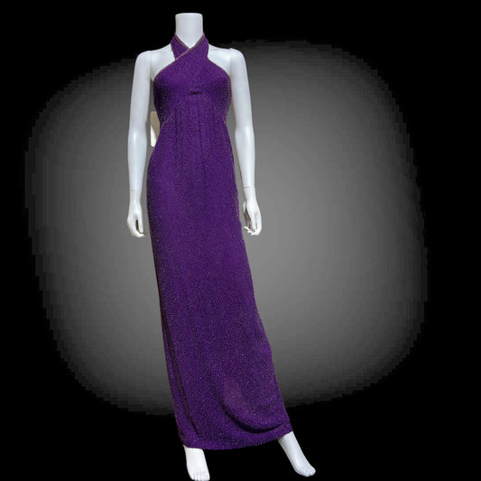 JEET vintage 1980s evening gown, Purple Beaded Silk Sheath gown, Halter slip dress