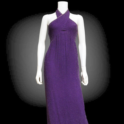 JEET vintage 1980s evening gown, Purple Beaded Silk Sheath gown, Halter slip dress