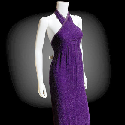 JEET vintage 1980s evening gown, Purple Beaded Silk Sheath gown, Halter slip dress