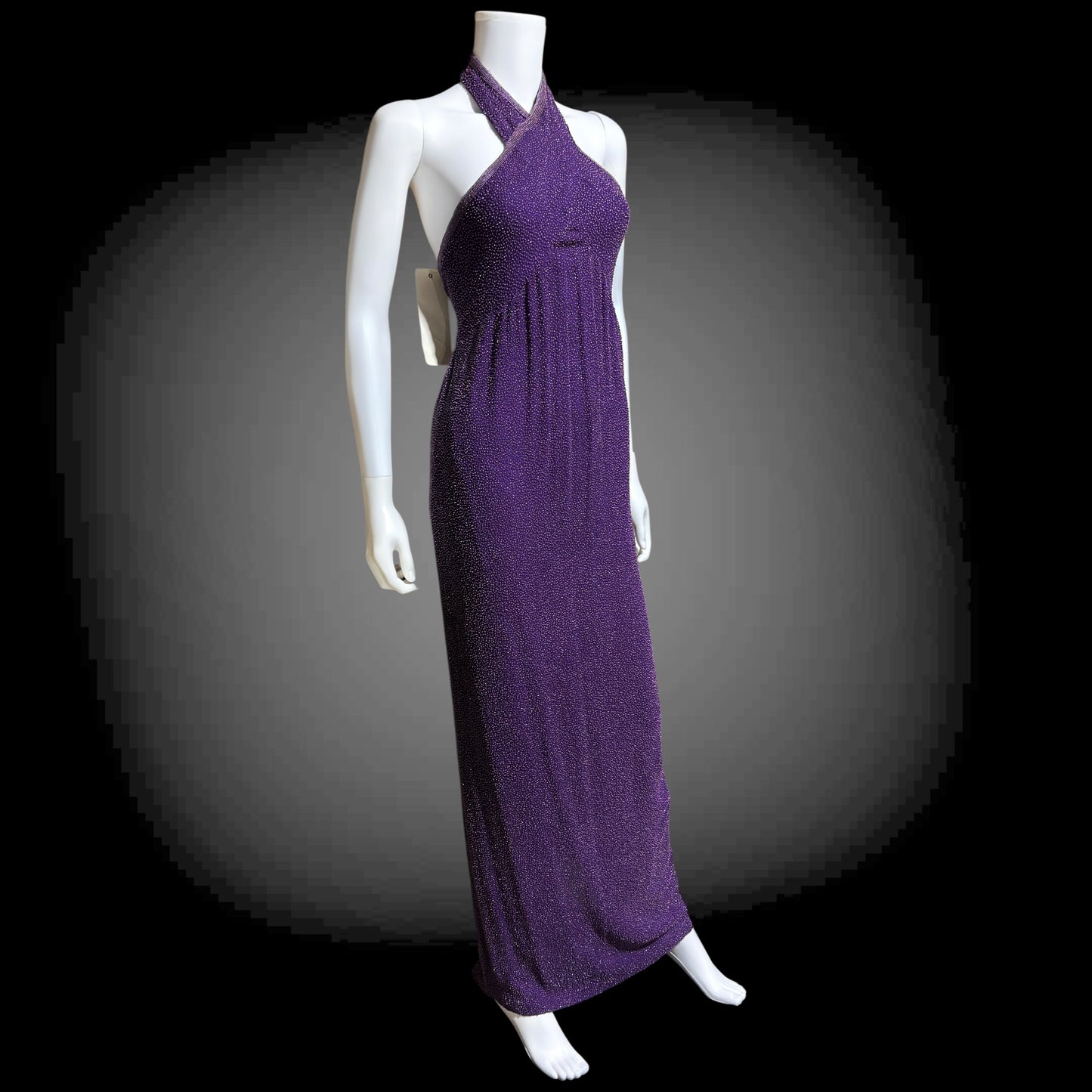 JEET vintage 1980s evening gown, Purple Beaded Silk Sheath gown, Halter slip dress