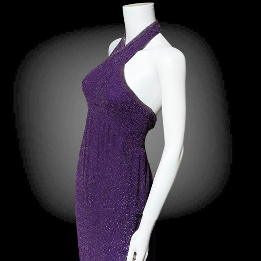 JEET vintage 1980s evening gown, Purple Beaded Silk Sheath gown, Halter slip dress