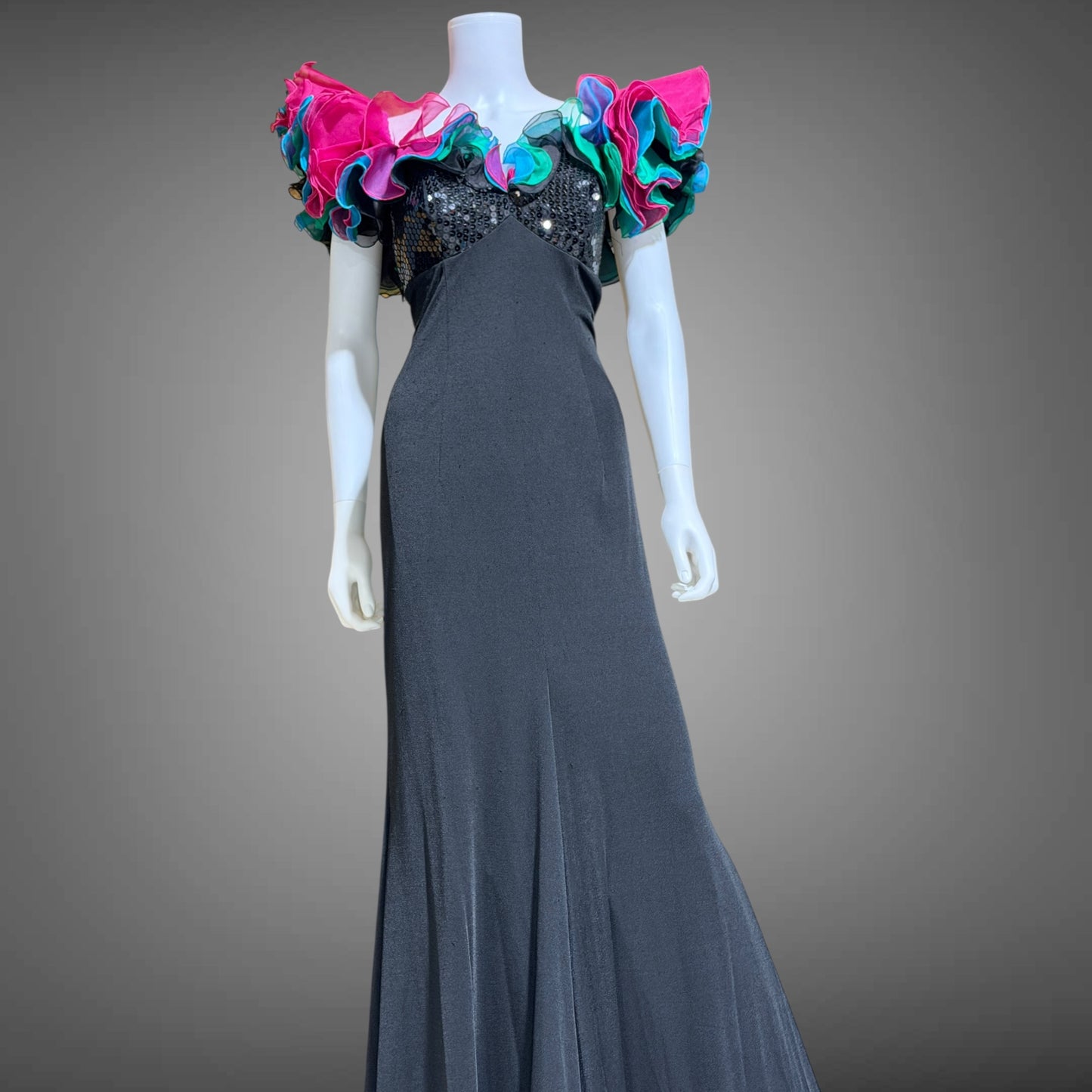 EUGENE ALEXANDER, vintage 1980s evening gown, Black sheath dress, HUGE ruffle collar, Sequin Bodice, on or off shoulders