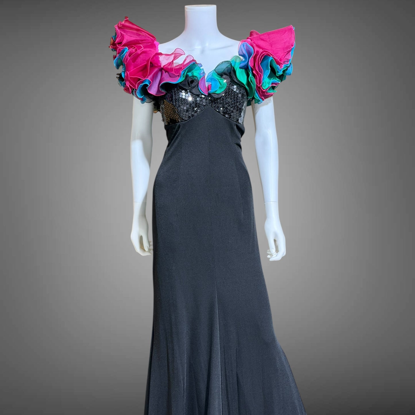 EUGENE ALEXANDER, vintage 1980s evening gown, Black sheath dress, HUGE ruffle collar, Sequin Bodice, on or off shoulders