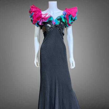 EUGENE ALEXANDER, vintage 1980s evening gown, Black sheath dress, HUGE ruffle collar, Sequin Bodice, on or off shoulders