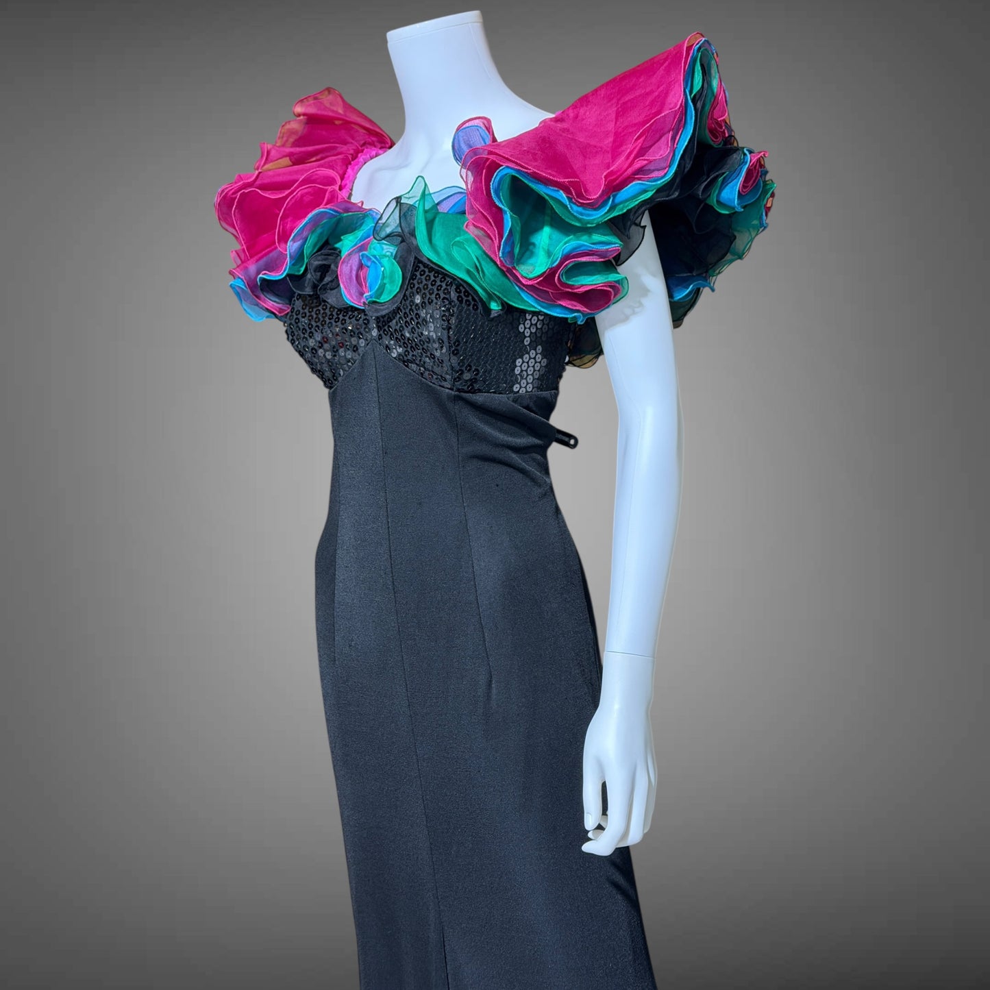 EUGENE ALEXANDER, vintage 1980s evening gown, Black sheath dress, HUGE ruffle collar, Sequin Bodice, on or off shoulders