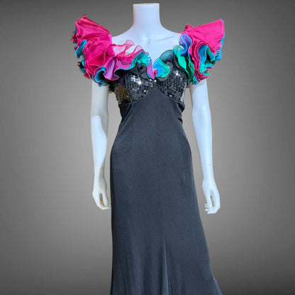 EUGENE ALEXANDER, vintage 1980s evening gown, Black sheath dress, HUGE ruffle collar, Sequin Bodice, on or off shoulders