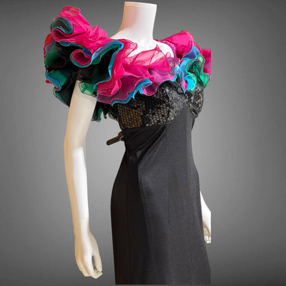 EUGENE ALEXANDER, vintage 1980s evening gown, Black sheath dress, HUGE ruffle collar, Sequin Bodice, on or off shoulders