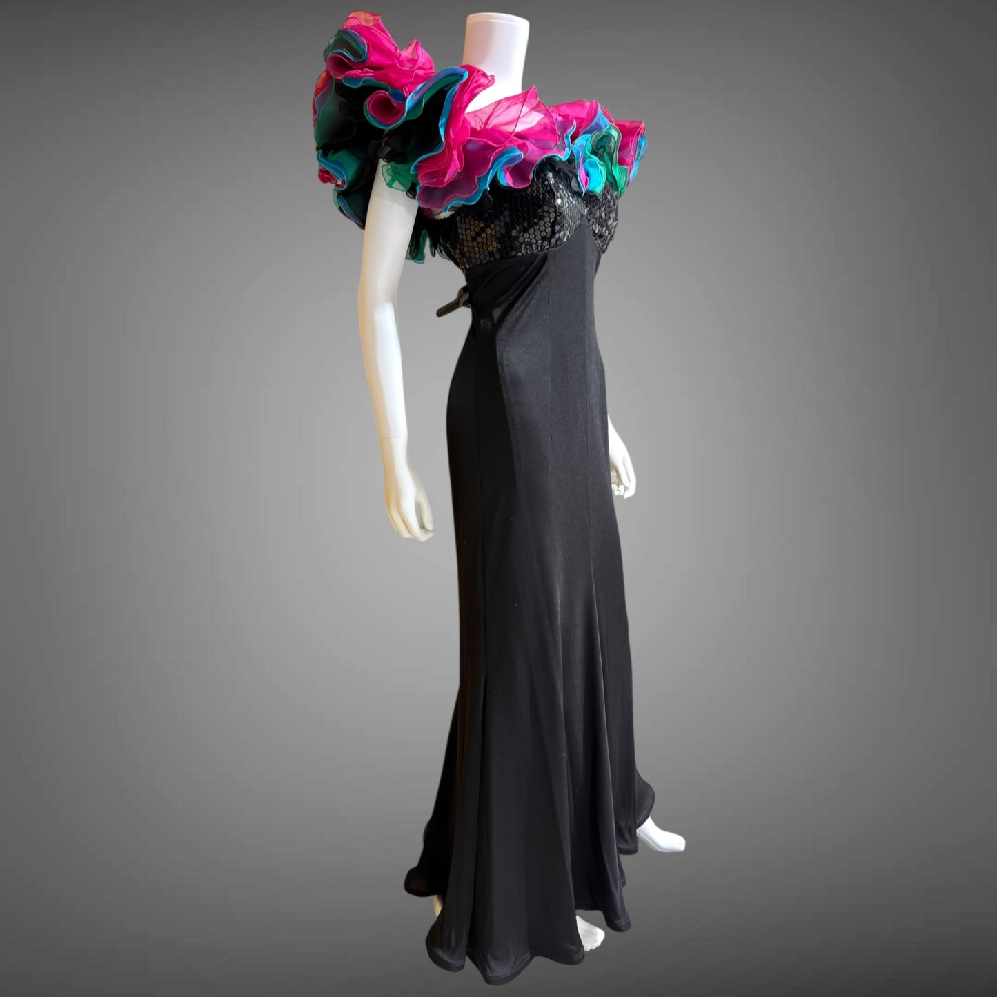 EUGENE ALEXANDER, vintage 1980s evening gown, Black sheath dress, HUGE ruffle collar, Sequin Bodice, on or off shoulders