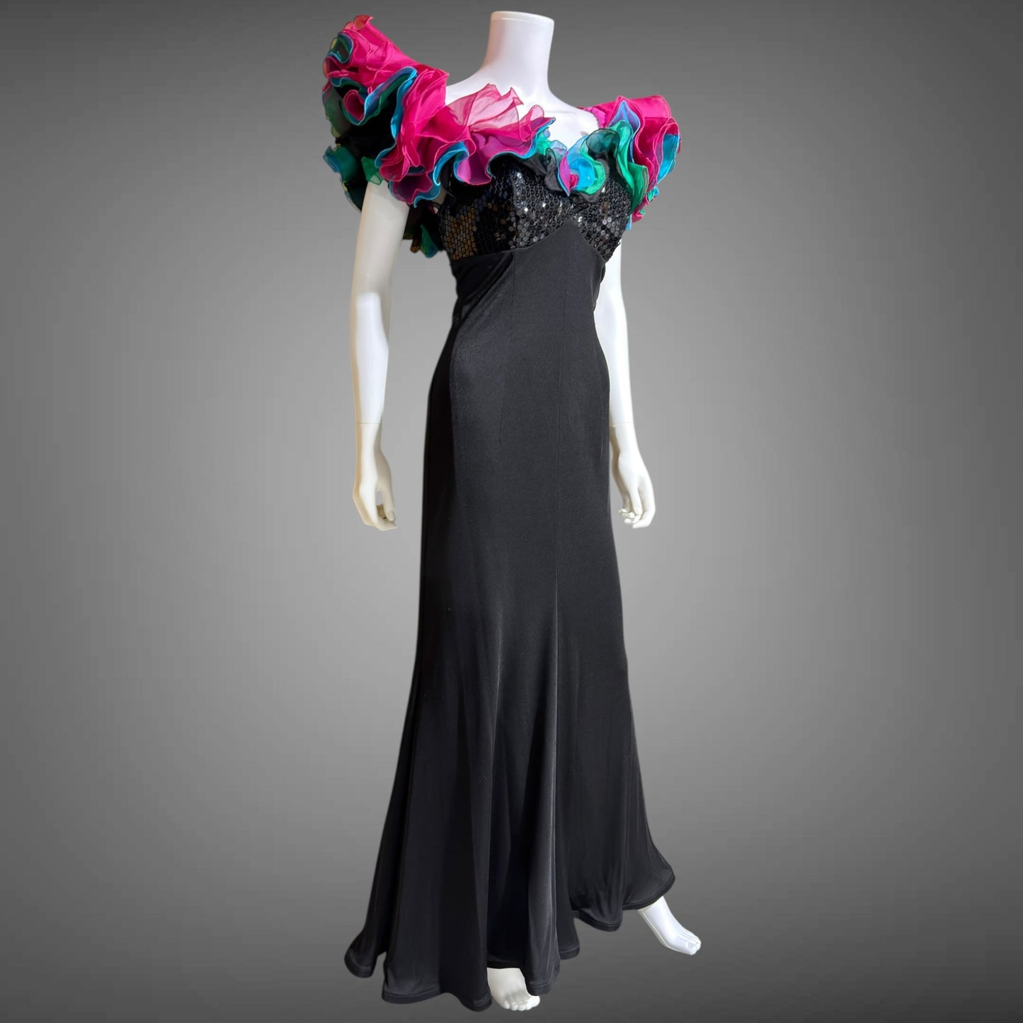 EUGENE ALEXANDER, vintage 1980s evening gown, Black sheath dress, HUGE ruffle collar, Sequin Bodice, on or off shoulders