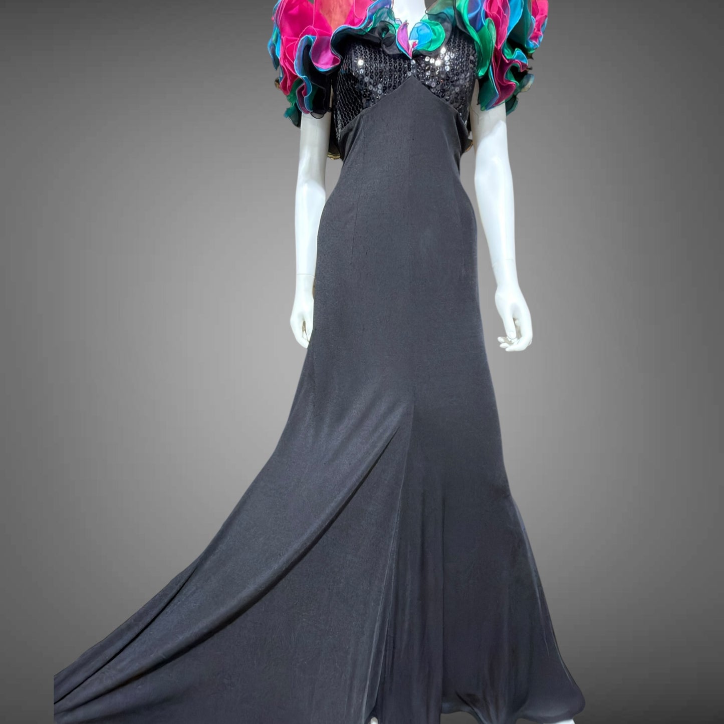 EUGENE ALEXANDER, vintage 1980s evening gown, Black sheath dress, HUGE ruffle collar, Sequin Bodice, on or off shoulders