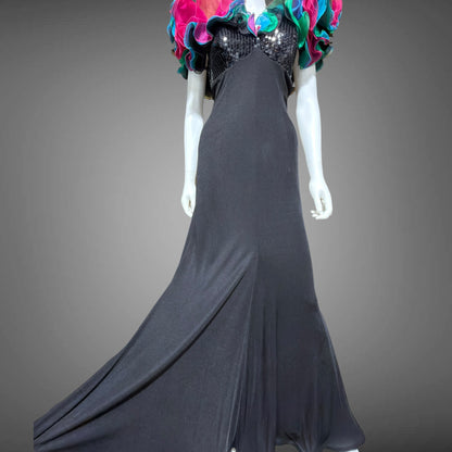 EUGENE ALEXANDER, vintage 1980s evening gown, Black sheath dress, HUGE ruffle collar, Sequin Bodice, on or off shoulders