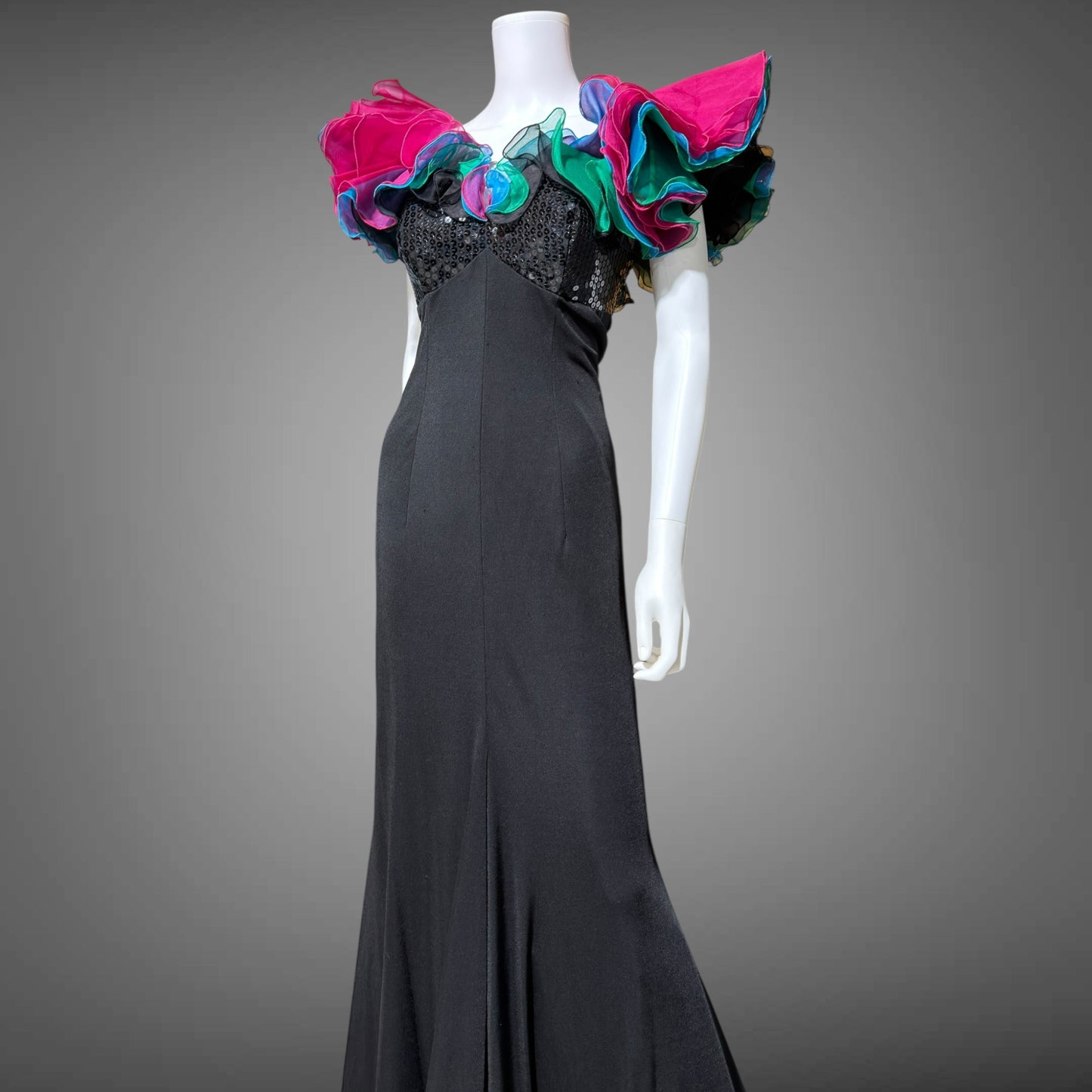 EUGENE ALEXANDER, vintage 1980s evening gown, Black sheath dress, HUGE ruffle collar, Sequin Bodice, on or off shoulders