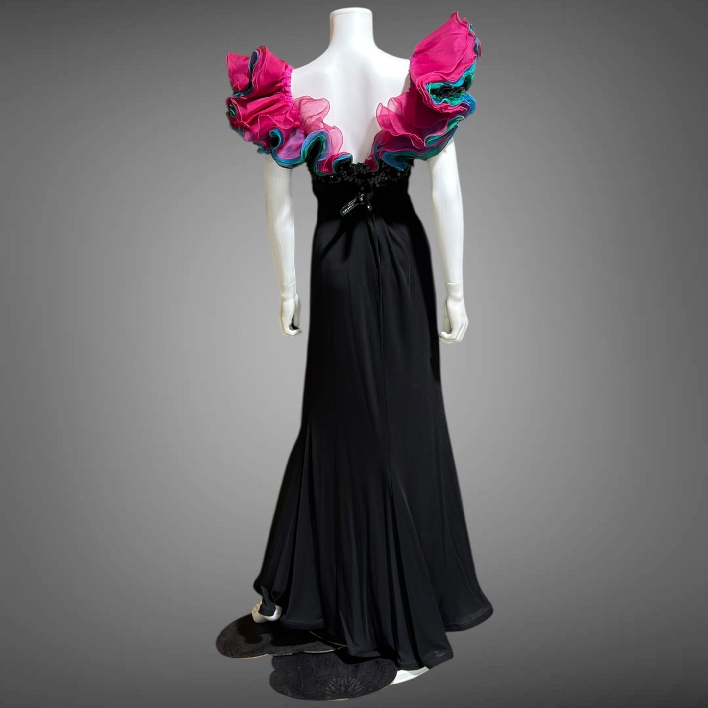 EUGENE ALEXANDER, vintage 1980s evening gown, Black sheath dress, HUGE ruffle collar, Sequin Bodice, on or off shoulders