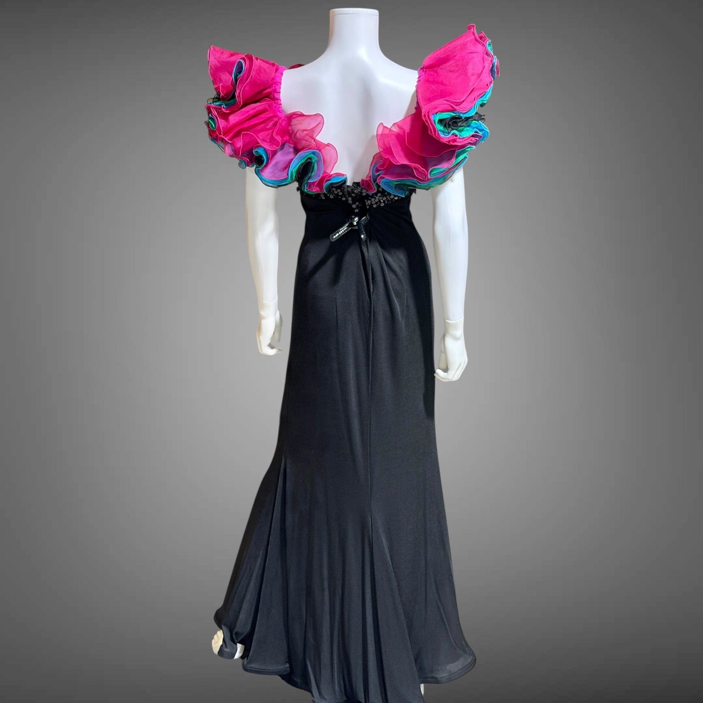 EUGENE ALEXANDER, vintage 1980s evening gown, Black sheath dress, HUGE ruffle collar, Sequin Bodice, on or off shoulders