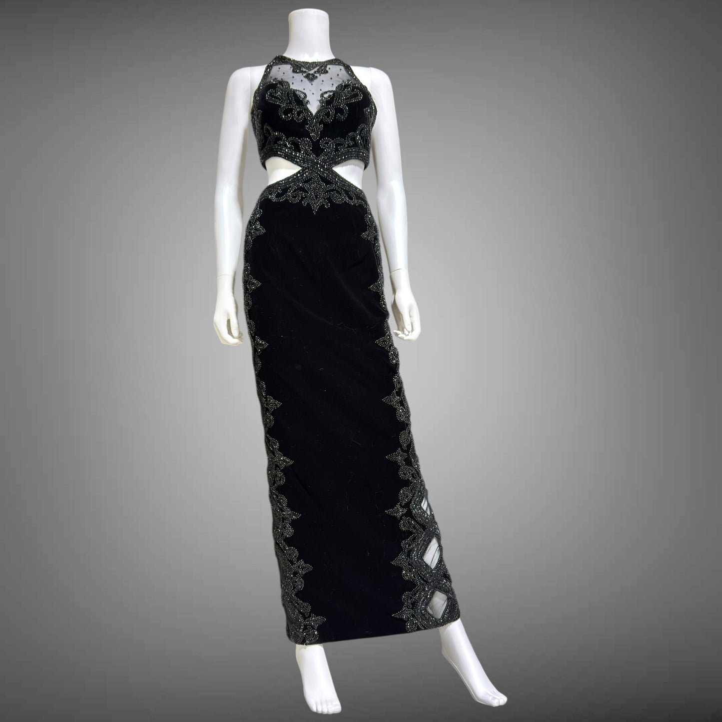 Vintage Y2k evening dress, Black velvet heavy beaded cutout gown