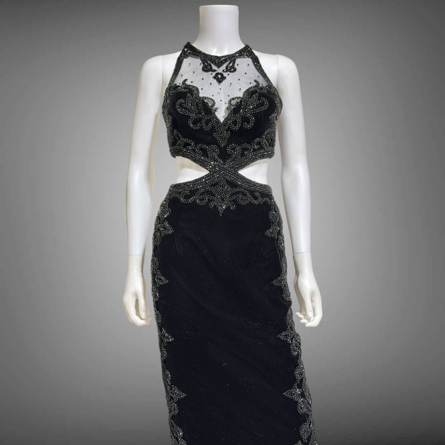 Vintage Y2k evening dress, Black velvet heavy beaded cutout gown